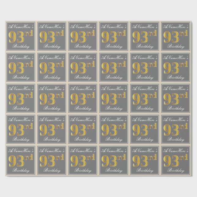 Elegant, Gray, Faux Gold 93rd Birthday + Name Wrapping Paper (Flat)