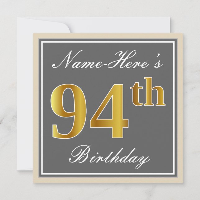 Elegant, Gray, Faux Gold 94th Birthday + Name Invitation (Front)