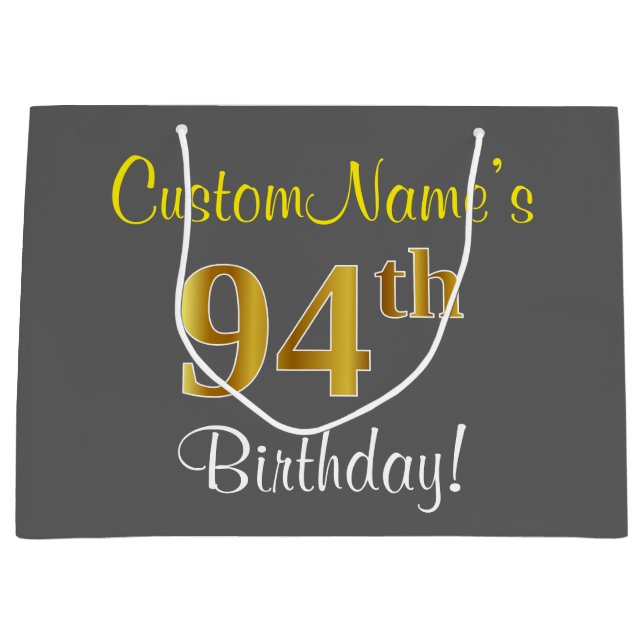 Elegant, Gray, Faux Gold 94th Birthday + Name Large Gift Bag (Front)