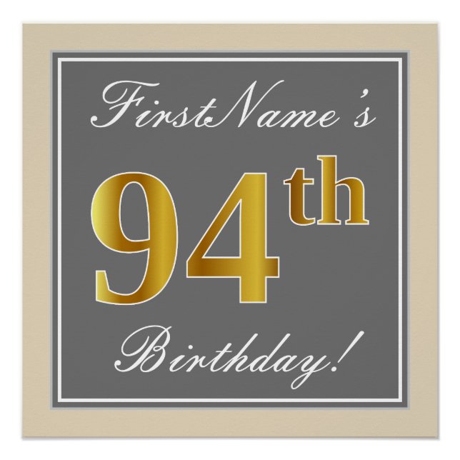 Elegant, Gray, Faux Gold 94th Birthday + Name Poster (Front)