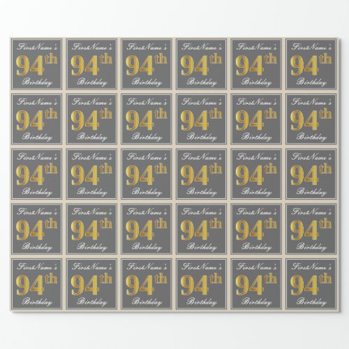 Elegant Gray Faux Gold 94th Birthday  Name Wrapping Paper