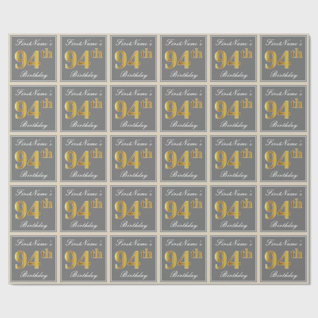 Elegant, Gray, Faux Gold 94th Birthday + Name Wrapping Paper (Flat)