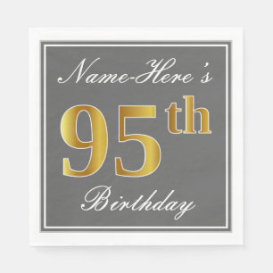 Elegant Gray, Faux Gold 95th Birthday; Custom Name Napkins