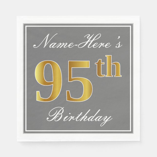 Elegant Gray, Faux Gold 95th Birthday; Custom Name Napkins (Front)