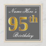 [ Thumbnail: Elegant, Gray, Faux Gold 95th Birthday + Name Invitation ]