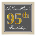 [ Thumbnail: Elegant, Gray, Faux Gold 95th Birthday + Name Poster ]