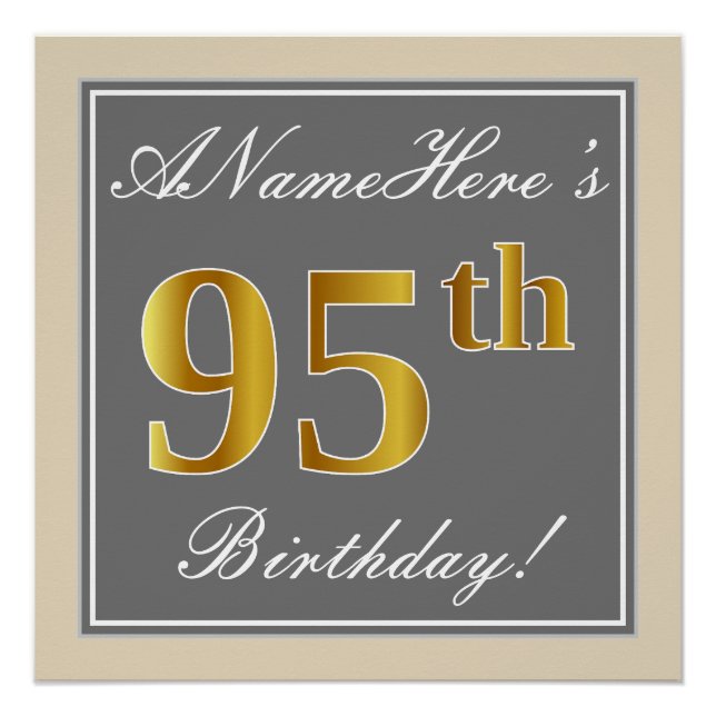 Elegant, Gray, Faux Gold 95th Birthday + Name Poster (Front)