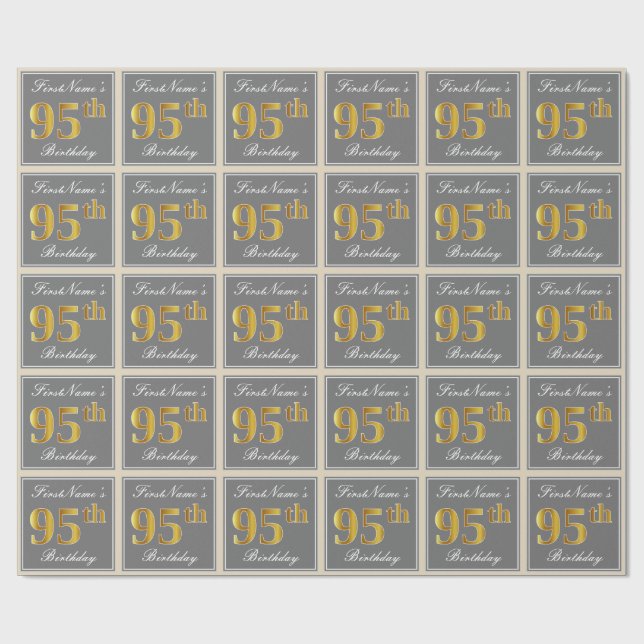 Elegant, Gray, Faux Gold 95th Birthday + Name Wrapping Paper (Flat)
