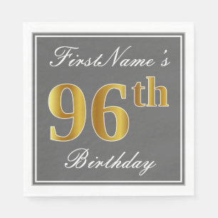 Elegant Gray, Faux Gold 96th Birthday; Custom Name Napkins