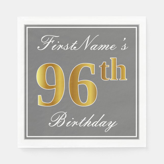Elegant Gray, Faux Gold 96th Birthday; Custom Name Napkins (Front)