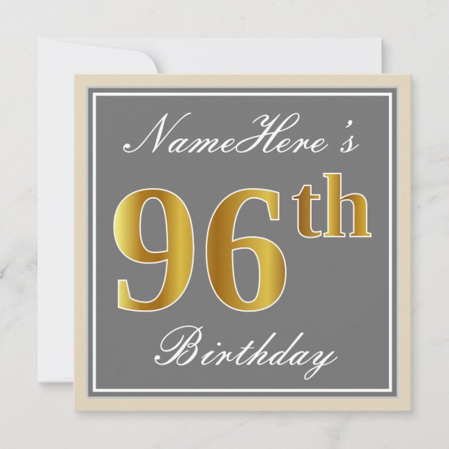 Elegant, Gray, Faux Gold 96th Birthday + Name Invitation (Front)