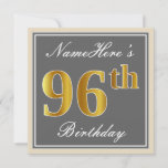 [ Thumbnail: Elegant, Gray, Faux Gold 96th Birthday + Name Invitation ]