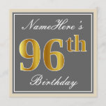 [ Thumbnail: Elegant, Gray, Faux Gold 96th Birthday + Name Invitation ]