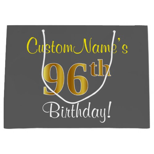 Elegant Gray Faux Gold 96th Birthday  Name Large Gift Bag