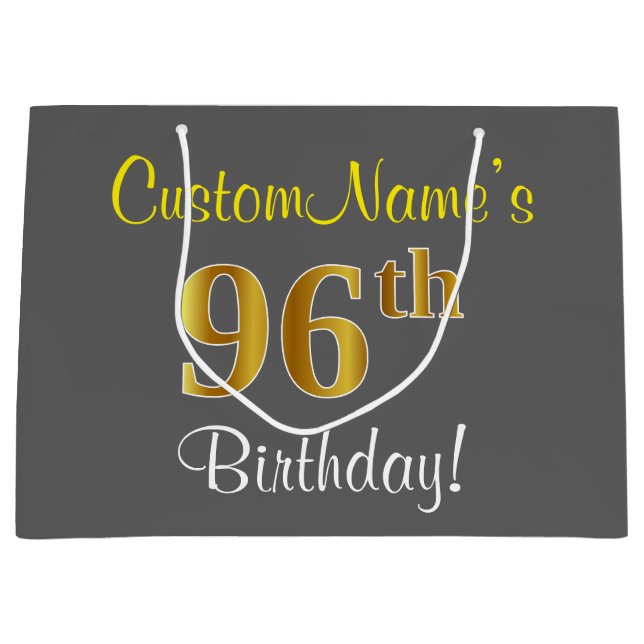 Elegant, Gray, Faux Gold 96th Birthday + Name Large Gift Bag (Front)