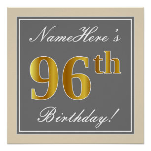 Elegant, Gray, Faux Gold 96th Birthday + Name Poster