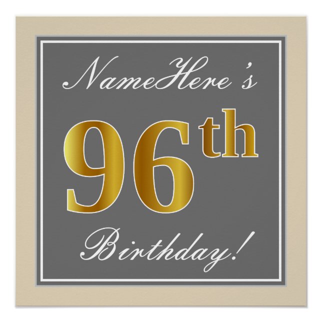 Elegant, Gray, Faux Gold 96th Birthday + Name Poster (Front)