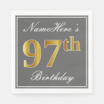[ Thumbnail: Elegant Gray, Faux Gold 97th Birthday; Custom Name Napkins ]
