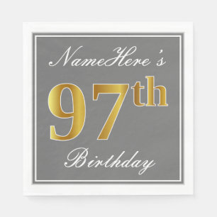Elegant Gray, Faux Gold 97th Birthday; Custom Name Paper Napkins