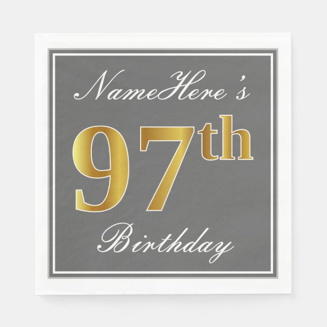 Elegant Gray, Faux Gold 97th Birthday; Custom Name Paper Napkins (Front)