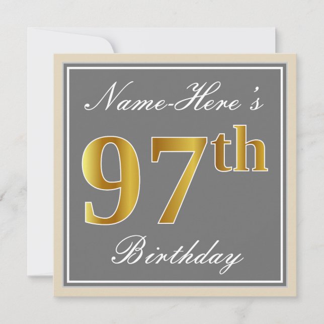 Elegant, Gray, Faux Gold 97th Birthday + Name Invitation (Front)