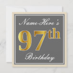 [ Thumbnail: Elegant, Gray, Faux Gold 97th Birthday + Name Invitation ]