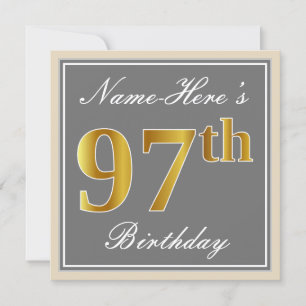 Elegant, Gray, Faux Gold 97th Birthday + Name Invitation