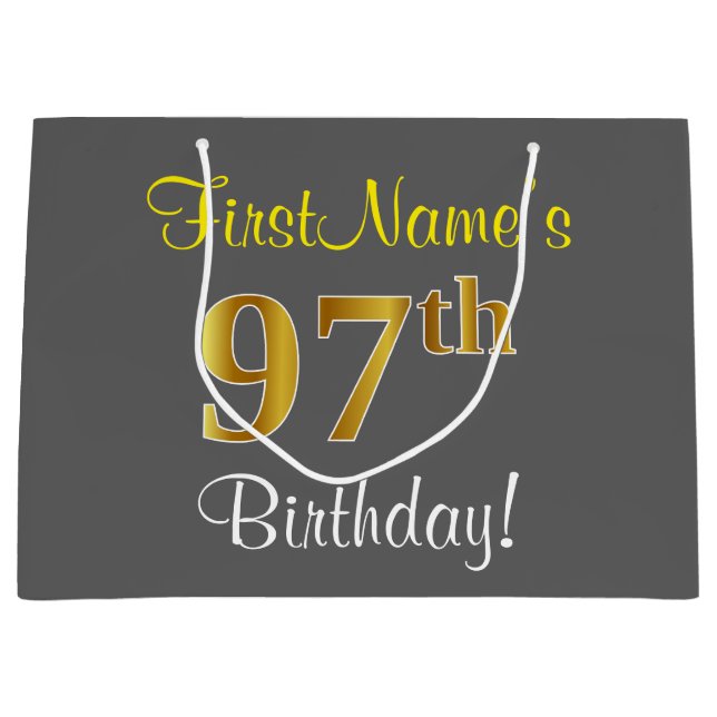 Elegant, Gray, Faux Gold 97th Birthday + Name Large Gift Bag (Front)