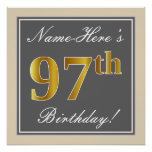 [ Thumbnail: Elegant, Gray, Faux Gold 97th Birthday + Name Poster ]