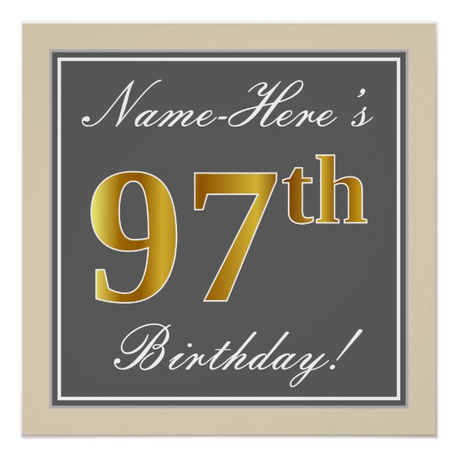 Elegant, Gray, Faux Gold 97th Birthday + Name Poster (Front)