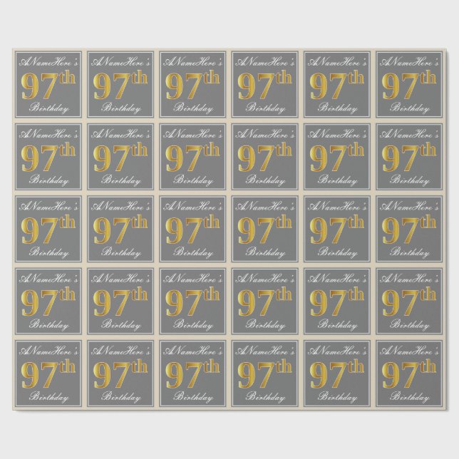 Elegant, Gray, Faux Gold 97th Birthday + Name Wrapping Paper (Flat)