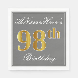 Elegant Gray, Faux Gold 98th Birthday; Custom Name Napkins