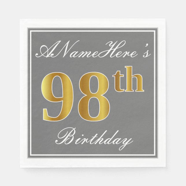 Elegant Gray, Faux Gold 98th Birthday; Custom Name Napkins (Front)