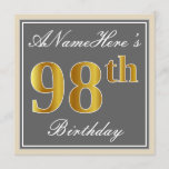 [ Thumbnail: Elegant, Gray, Faux Gold 98th Birthday + Name Invitation ]