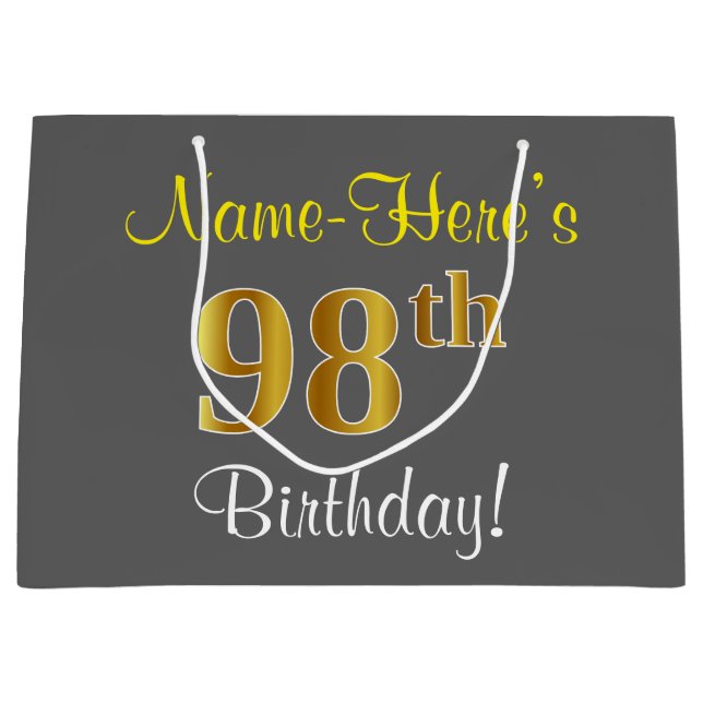 Elegant, Gray, Faux Gold 98th Birthday + Name Large Gift Bag (Front)