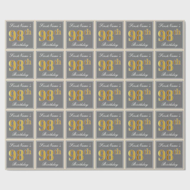 Elegant, Gray, Faux Gold 98th Birthday + Name Wrapping Paper (Flat)