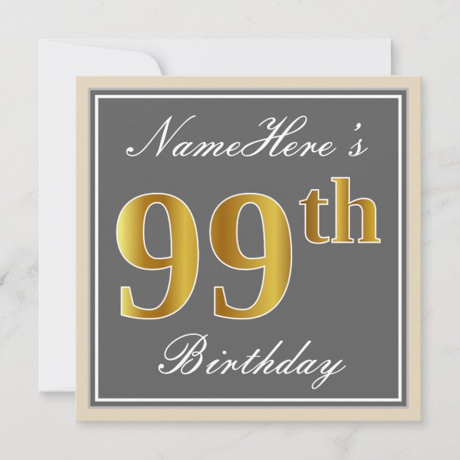 Elegant, Gray, Faux Gold 99th Birthday + Name Invitation (Front)