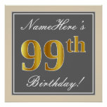 [ Thumbnail: Elegant, Gray, Faux Gold 99th Birthday + Name Poster ]