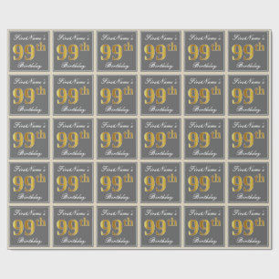 Elegant, Gray, Faux Gold 99th Birthday + Name Wrapping Paper