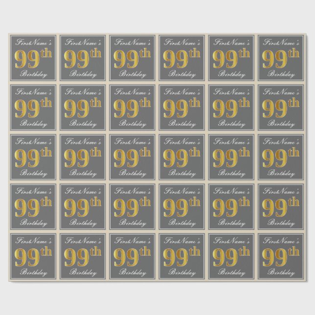 Elegant, Gray, Faux Gold 99th Birthday + Name Wrapping Paper (Flat)