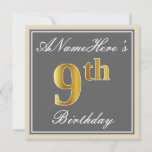 [ Thumbnail: Elegant, Gray, Faux Gold 9th Birthday; Custom Name Invitation ]