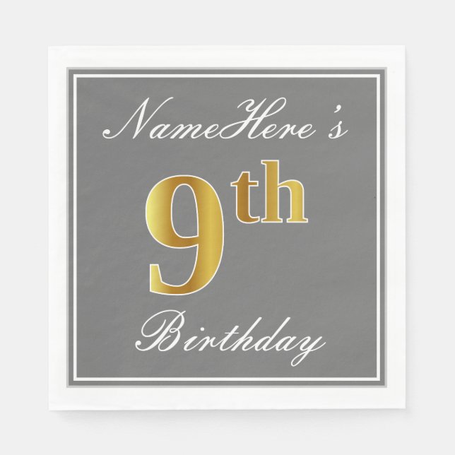 Elegant Gray, Faux Gold 9th Birthday + Custom Name Paper Napkins (Front)