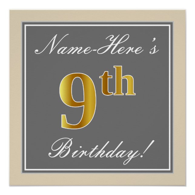 Elegant, Gray, Faux Gold 9th Birthday; Custom Name Poster (Front)
