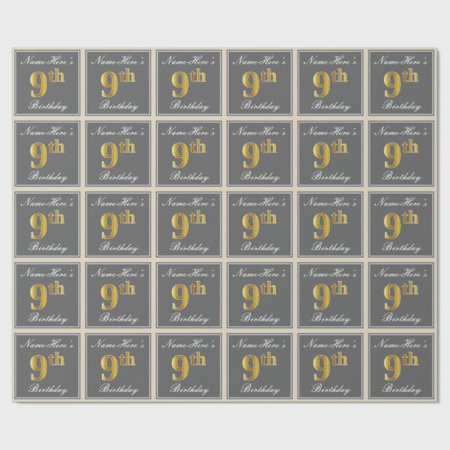 Elegant, Gray, Faux Gold 9th Birthday; Custom Name Wrapping Paper (Flat)