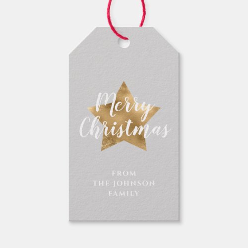 Elegant Gray Faux Gold Star Merry Christmas Gift Tags