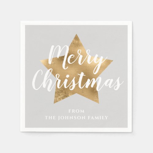 Elegant Gray Faux Gold Star Merry Christmas Napkins