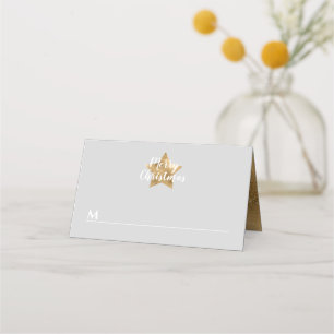 Elegant Gray Faux Gold Star Merry Christmas Place Card