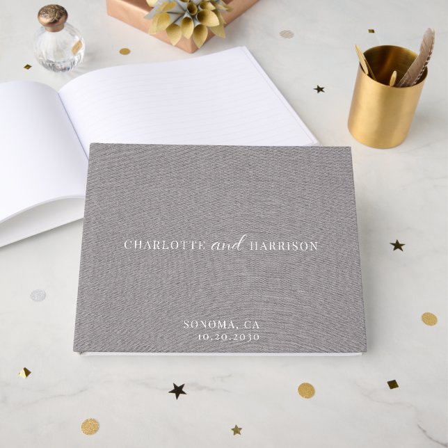Elegant Gray Faux Linen Monogram Guest Book (Front Open)