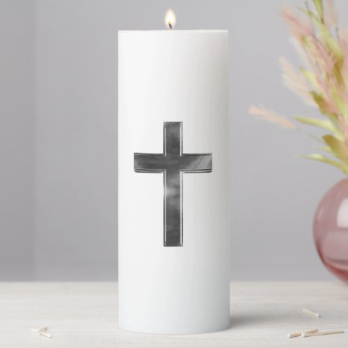 Elegant Gray Faux Silver Cross Pillar Candle