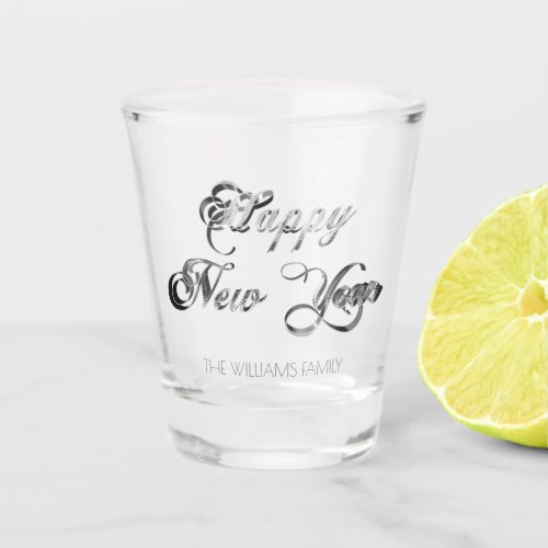 Elegant Gray Faux Silver Script Happy New Year Shot Glass